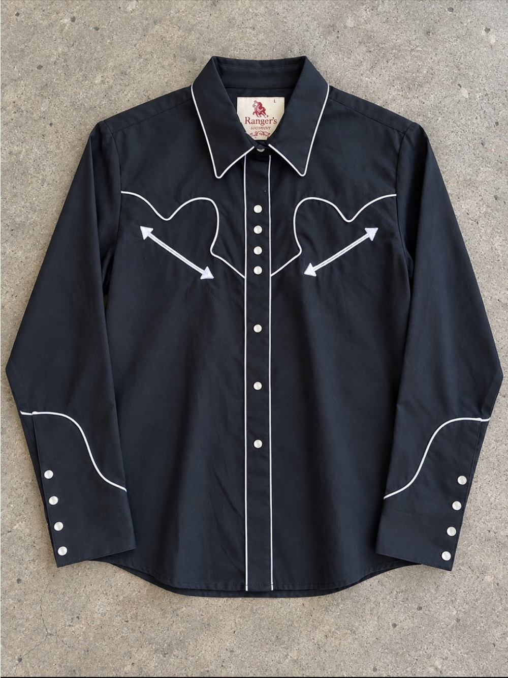 Ranger’s Woman Western Shirt Large Black White Piping Pearl Snap Rodeo Cowgirl